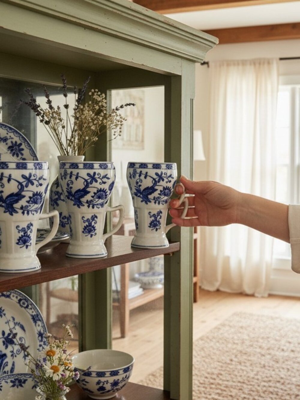 Vienna Woods Vintage Fine China Sundae/Soda Mugs‎ Blue White Onion Pattern Set 3